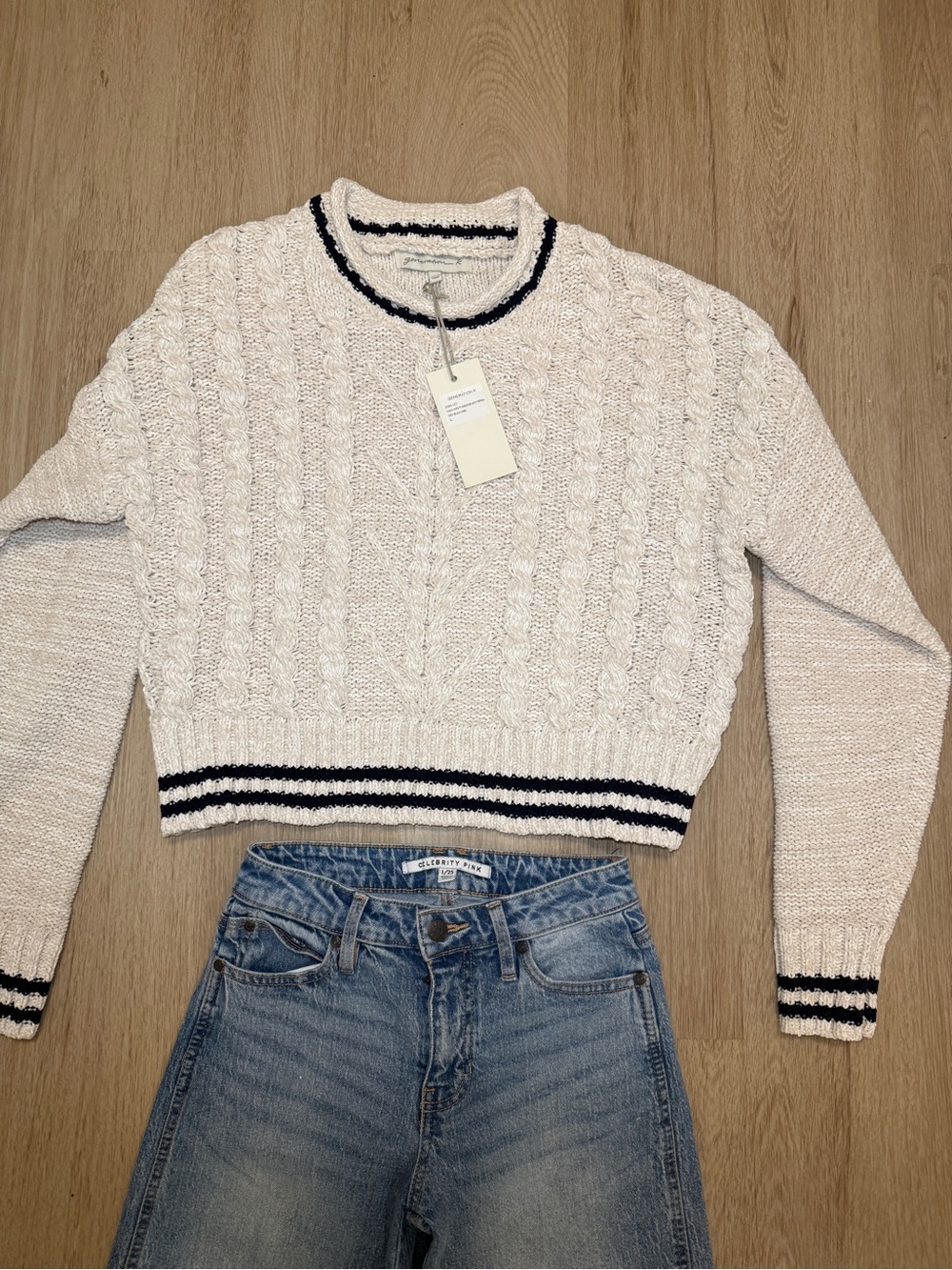 Cable Knit Cropped Sweater with Contrast Stripes - White
